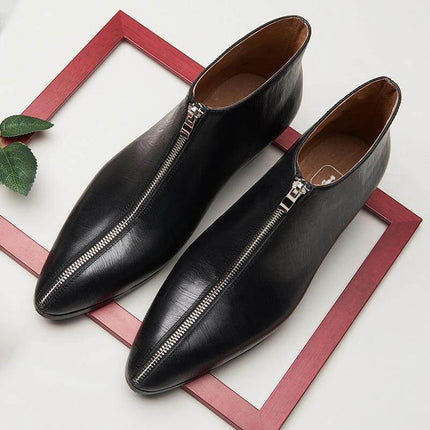 Men's Pointed Toe Leather Zipper Boots For Street And Office sleek black leather pointed-toe boots with front zipper, low shaft and 3–5 cm mid heel for office and street wear