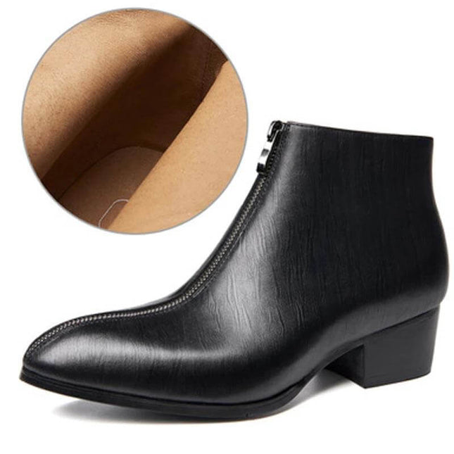 Men's Pointed Toe Leather Zipper Boots For Street And Office black leather front-zip ankle boot with 3–5 cm mid heel and pointed toe