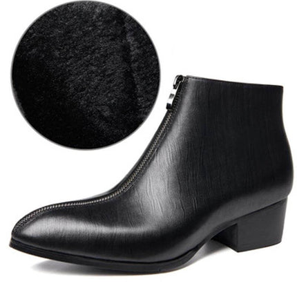 Men's Pointed Toe Leather Zipper Boots For Street And Office - black leather front-zip ankle boot with 3–5 cm heel, pointed toe and visible grain