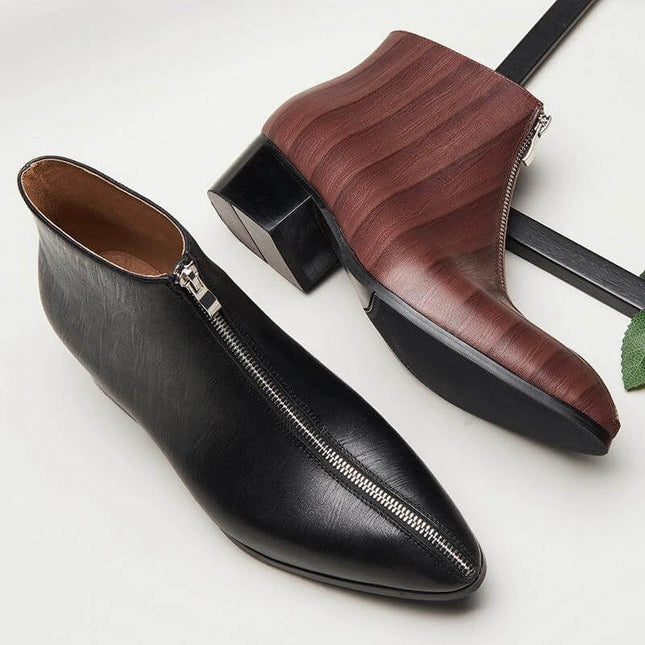 Men's Pointed Toe Leather Zipper Boots For Street And Office - black leather pointed-toe front-zip low-shaft commuter office boots