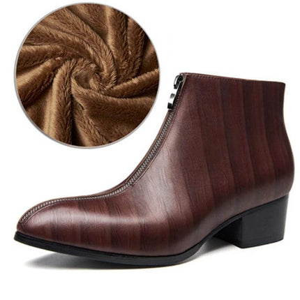 Men's Pointed Toe Leather Zipper Boots For Street And Office - brown leather pointed-toe ankle boot with front zipper and low 3–5 cm heel