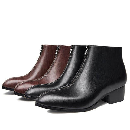 Men's Pointed Toe Leather Zipper Boots For Street And Office - black and brown first-layer cowhide low-shaft boots with front zipper and 3–5 cm mid heel