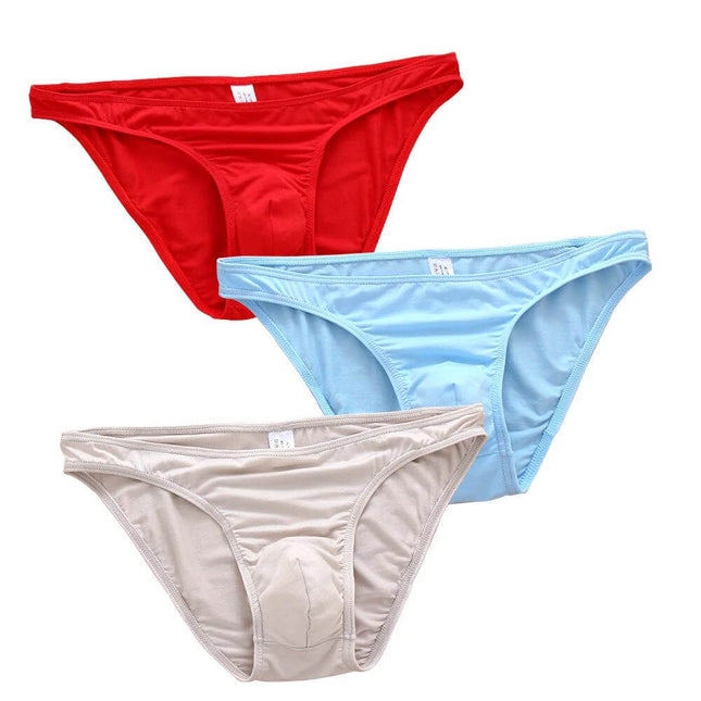 Men's Pure Cotton Briefs for Everyday Comfort Size M - three solid color mid-rise briefs in red, light blue and skin color
