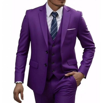 Men's Business Casual Slim Fit Suit For Wedding Parties - purple three-piece slim fit suit with white shirt and navy tie