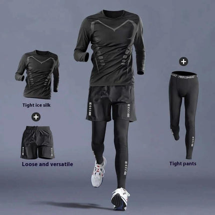 Running T Shirt Quick Dry For Training - men’s black quick-dry long/short sleeve set with shorts and tight running pants for breathable workout