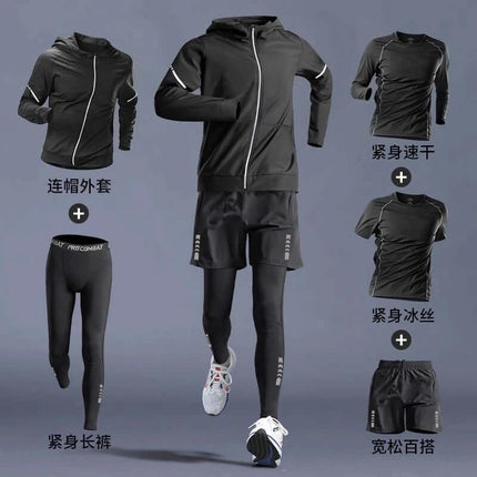 Running T Shirt Quick Dry For Training - black multi-piece quick-dry running and training set with hoodie, tights, shorts and long/short sleeve options