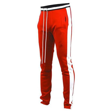 Men's Casual Cotton-Blend Leggings for Everyday Comfort - red slim-fit track leggings with white side stripe, drawstring waist and soft polyester-cotton fabric