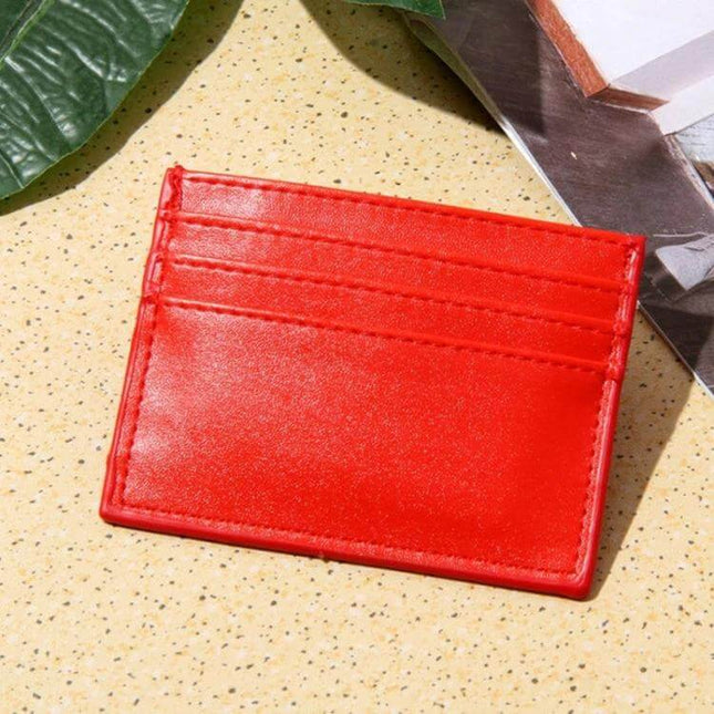 Men Card Holder For Driver License And Cards Black slim PU leather card holder in red with stitched edges, compact design for ID and cards