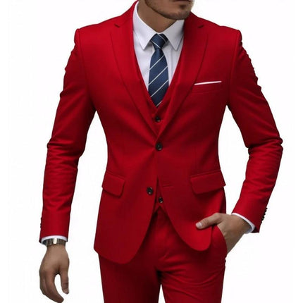 Men's Business Casual Slim Fit Suit For Wedding Parties - red three-piece slim suit with blazer, waistcoat and trousers for office and events