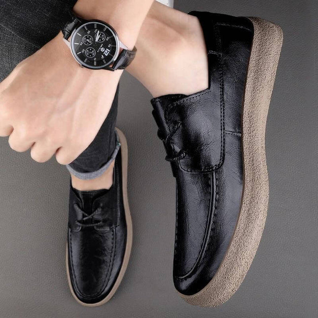Men's Retro Leather Casual Shoes With Breathable Black Finish — black two-layer cowhide casual shoe with round toe and breathable sole