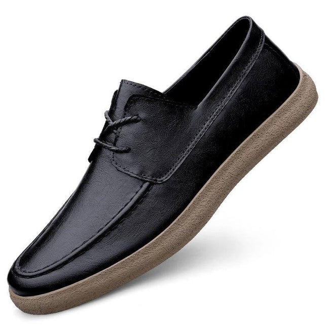 Men's Retro Leather Casual Shoes With Breathable Black Finish - breathable black two-layer cowhide casual shoe, round toe, tan sole, everyday wear