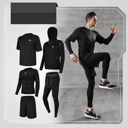 Running quick-drying basketball sports suit five-piece training suit black men’s athletic set with hoodie, long sleeve top, leggings, shorts for running