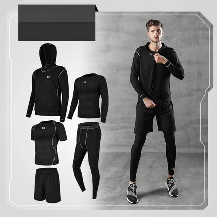 Running quick-drying basketball sports suit five-piece training suit black male model showcasing hoodie, long-sleeve top, compression tee, leggings and shorts