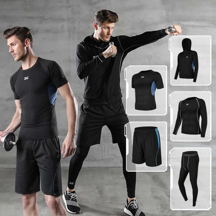 Running quick-drying basketball sports suit five-piece training suit - men's black quick-dry running and training set (hoodie, tee, shorts, tights, base layer)