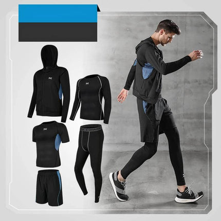 Running quick-drying basketball sports suit five-piece training suit male black blue five-piece set for running and fitness, quick-dry polyester blend