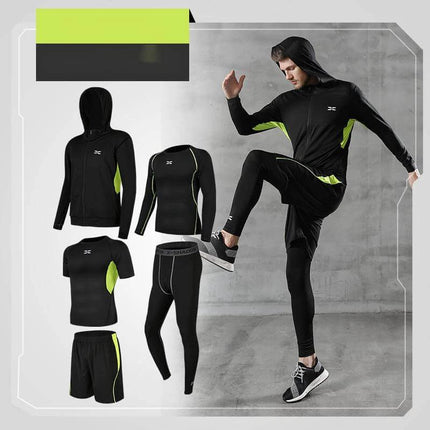 Running quick-drying basketball sports suit five-piece training suit - men’s black neon green hooded jacket, compression top, shorts, leggings set
