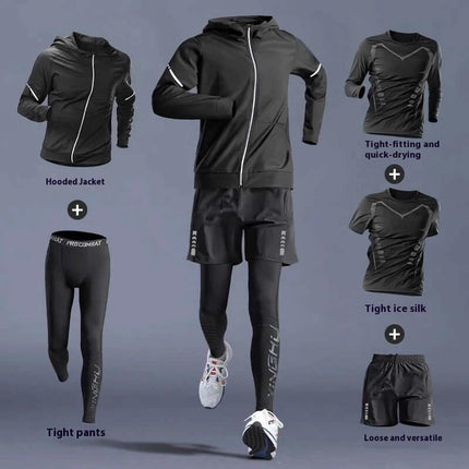 Running T Shirt Quick Dry For Training multi-piece quick-dry set shown with hooded jacket, tight pants, shorts and training tops