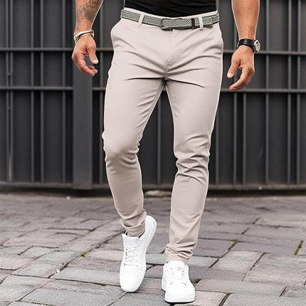 Men's Slim Fit Business Casual Trousers With Zipper Pocket In Black Khaki - slim mid-waist polyester-cotton trousers with concealed zipper pocket