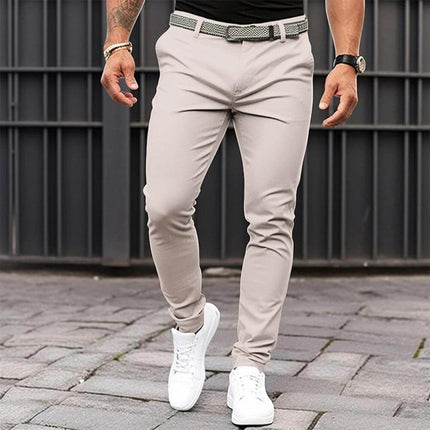 Men's Slim Fit Business Casual Trousers With Zipper Pocket In Black Khaki - slim mid-waist polyester-cotton trousers with concealed zipper pocket