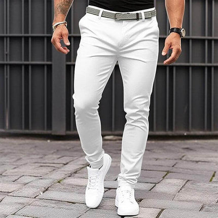 Men's Slim Fit Business Casual Trousers With Zipper Pocket In Black Khaki - white slim-fit model wearing mid-waist trousers with concealed zipper pocket