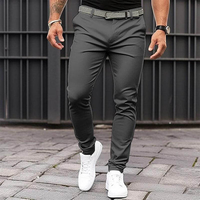 Men's Slim Fit Business Casual Trousers With Zipper Pocket In Black Khaki - slim mid-waist polyester-cotton trousers with concealed zipper pocket