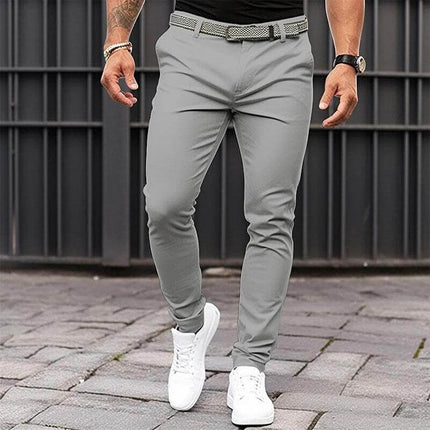 Men's Slim Fit Business Casual Trousers With Zipper Pocket In Black Khaki — slim mid-waist polyester-cotton trousers with concealed zipper pocket