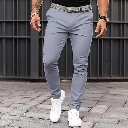 Men's Slim Fit Business Casual Trousers With Zipper Pocket In Black Khaki slim mid-waist polyester-cotton trousers with concealed zipper pocket