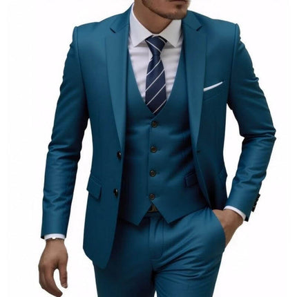 Men's Business Casual Slim Fit Suit For Wedding Parties in teal three-piece set with tie and pocket square