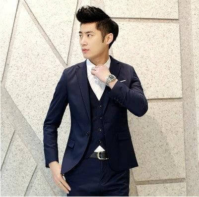 Men's Slim Fit Three-Piece Suit for Everyday Leisure - navy slim-fit jacket waistcoat and trousers on a young man