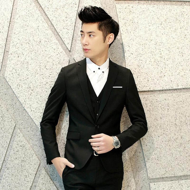 Men's Slim Fit Three-Piece Suit for Everyday Leisure modeled in black jacket, waistcoat and trousers for casual business and travel looks