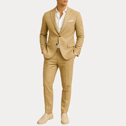 Jacket Trousers Slim Fit Two-Piece Suit For Men Everyday Wear in beige slim-fit nylon jacket and matching trousers on model
