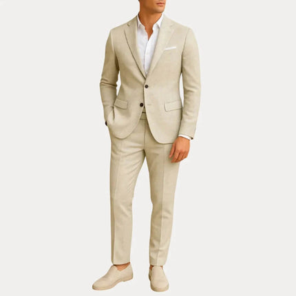 Beige slim nylon Jacket Trousers Slim Fit Two-Piece Suit For Men Everyday Wear styled for office and casual outings