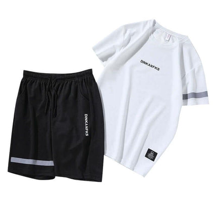 Sports Suit Men's Short Sleeve T Shirt and Shorts for Casual Wear - white crew neck tee and black drawstring shorts, 100% polyester casual active set