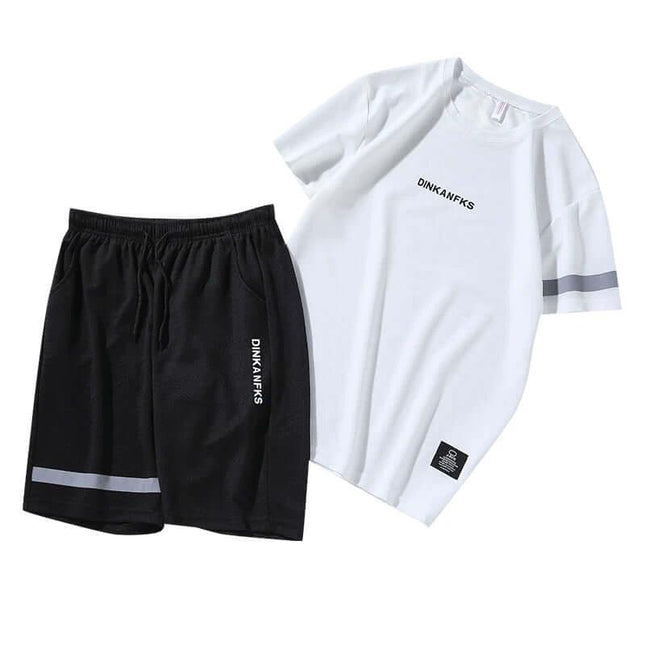 Sports Suit Men's Short Sleeve T Shirt and Shorts for Casual Wear - white crew neck tee and black drawstring shorts, 100% polyester casual active set