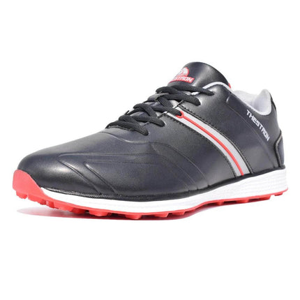 Men's Waterproof Lightweight Golf Sneakers For Outdoor in black with red rubber outsole, low-profile upper and turf traction
