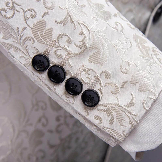 Men's Wedding Suit Set for Banquet, Size 165/94B-170/98B — close-up of white brocade sleeve with black buttons, acetate fiber formal drape