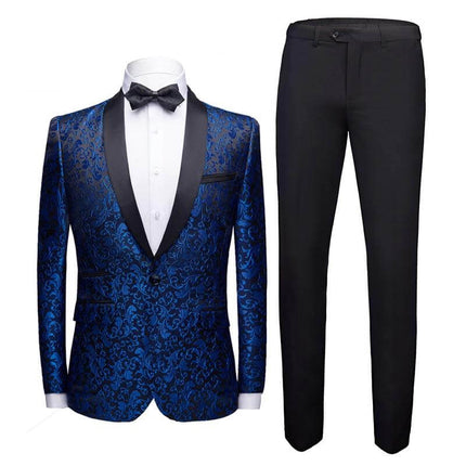 Men's Wedding Suit Set for Banquet, Size 165/94B-170/98B - blue brocade jacket with black lapel and black trousers