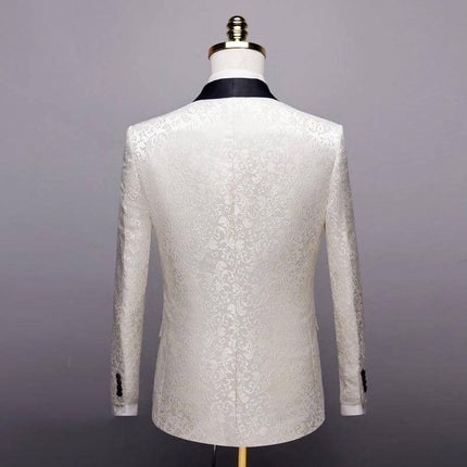 Alt Tag: Men's Wedding Suit Set for Banquet, Size 165/94B-170/98B - white jacquard dinner jacket on mannequin, acetate fiber formal wear