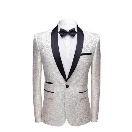 Alt Tag: Men's Wedding Suit Set for Banquet, Size 165/94B-170/98B - white brocade tuxedo with black shawl lapel, bow tie and acetate blend for formal banquets