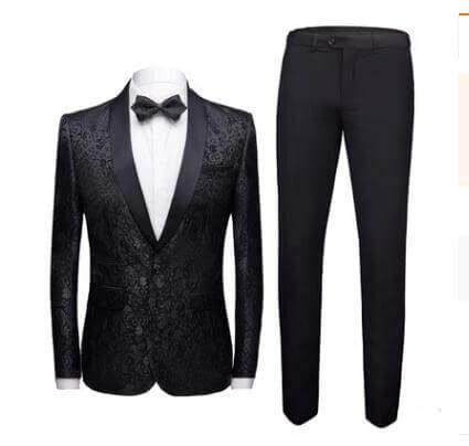 Men's Wedding Suit Set for Banquet, Size 165/94B-170/98B - black acetate blend tuxedo jacket with bow tie and matching trousers