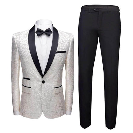 Men's Wedding Suit Set for Banquet, Size 165/94B-170/98B - white jacquard jacket with black satin lapel, bow tie and black trousers