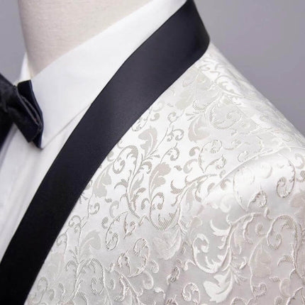 Men's Wedding Suit Set for Banquet, Size 165/94B-170/98B white brocade jacket with black satin lapel and bow tie