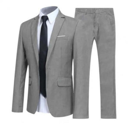 Mens Western Fit Two Piece Suit Slim Lapel For Work And Events gray slim-lapel two-piece suit with matching trousers, white shirt and black tie