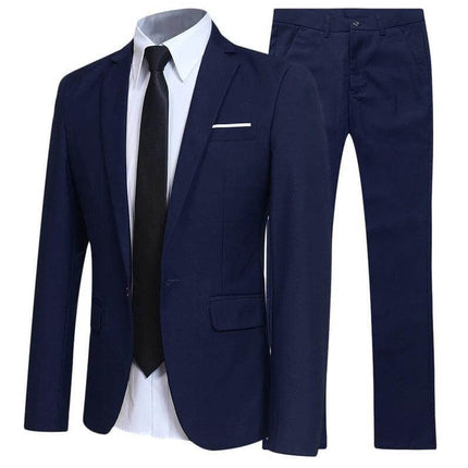 Mens Western Fit Two Piece Suit Slim Lapel For Work And Events navy slim-fit blazer and trousers, non-iron polyester, multiple pockets, rear vent, work and event wear