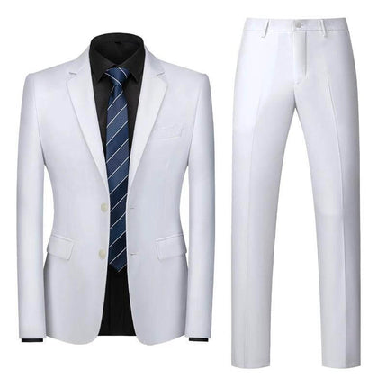 Mens Western Fit Two Piece Suit Slim Lapel For Work And Events white slim-fit blazer and trousers, non-iron polyester, tailored silhouette