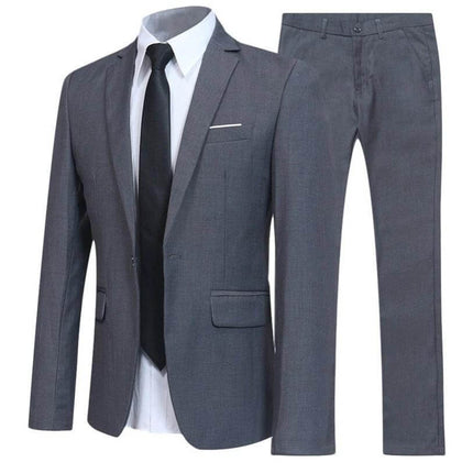 Mens Western Fit Two Piece Suit Slim Lapel For Work And Events in gray slim-fit blazer and matching trousers, non-iron polyester, pockets and rear vent