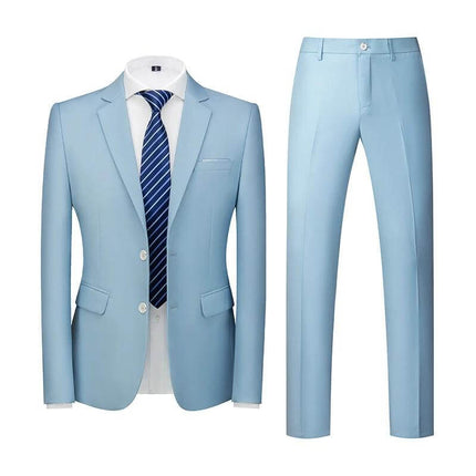 Mens Western Fit Two Piece Suit Slim Lapel For Work And Events in light blue slim-fit blazer and matching trousers, non-iron polyester, multiple pockets, rear vent