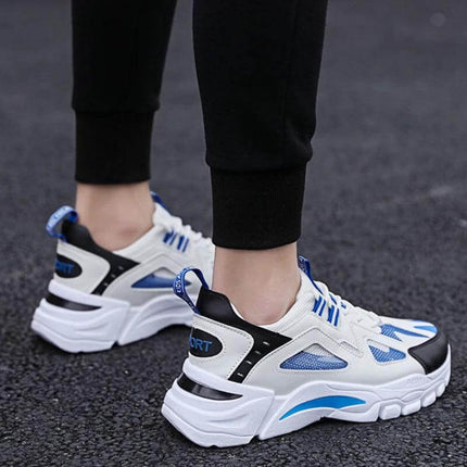 Men's White Breathable Non Slip Sneakers For Everyday Walking shown in white and blue flying-weave design with non-slip PVC sole for casual walking