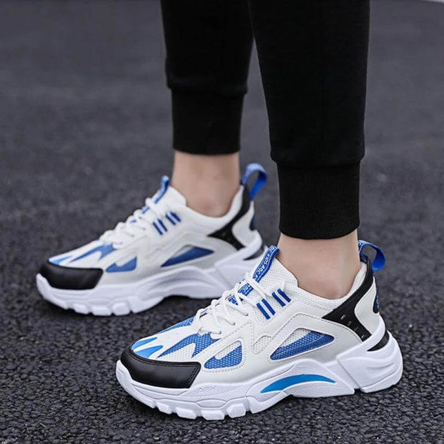 Men's White Breathable Non Slip Sneakers For Everyday Walking - white and blue breathable flying-weave trainers with non-slip PVC sole, casual walking shoes