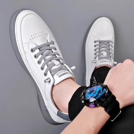 Men's White Leather Round Toe Casual Shoes Small Sizes 38 To 44 - white leather casual sneakers with gray laces, rounded toe, everyday wear